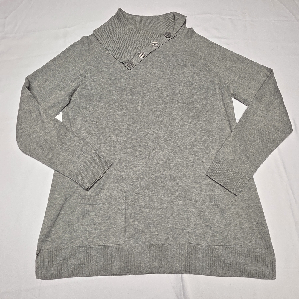 Jeanne Pierre Light Gray Knit Sweater Button Neck Pockets